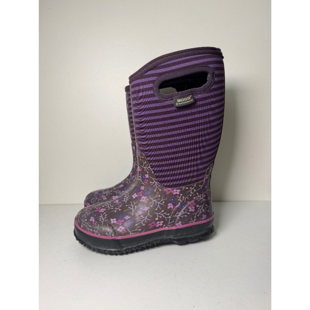 BOGS Kids Waterproof Insulated Pull On Boots - Purple Floral Striped | Size 1